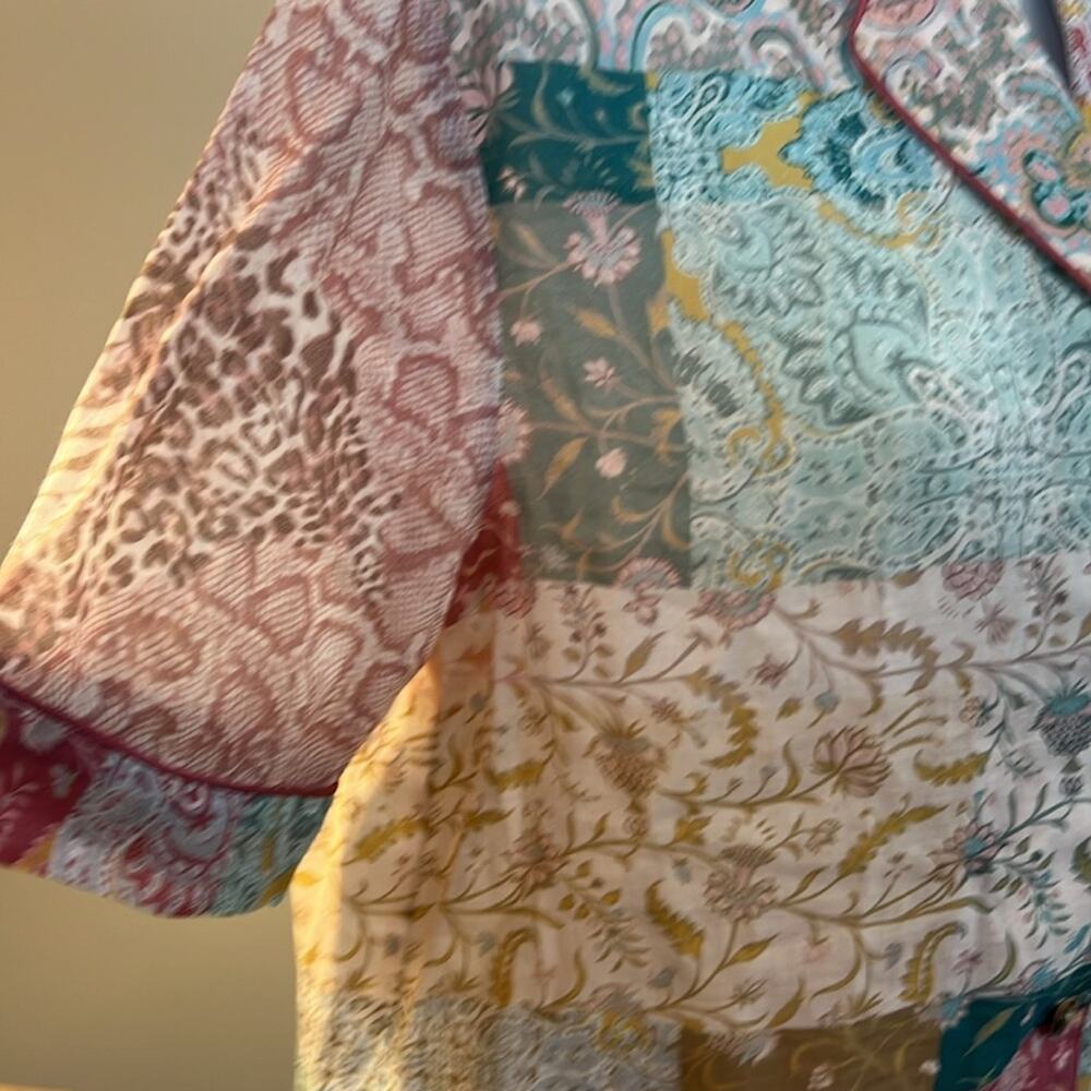 Patchwork Print Short-Sleeve Button Front Top - Multi - Picture 9 of 16